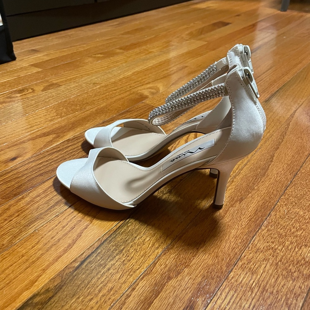 Nina White High Heels with Rhinestone Straps